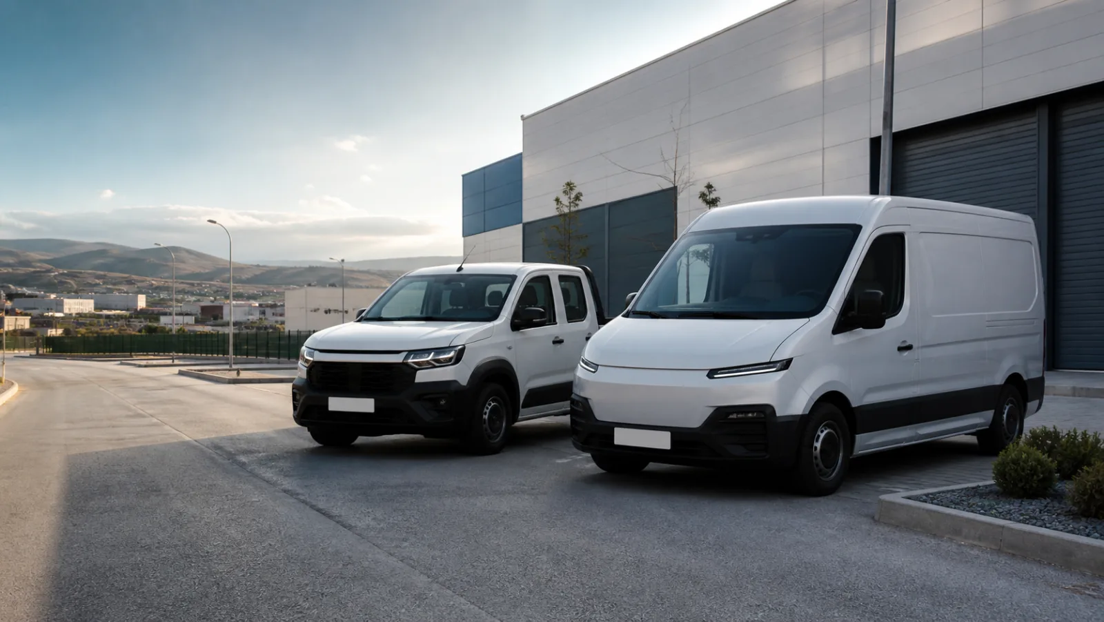 Fourgon et pick-up génériques dans une zone logistique.