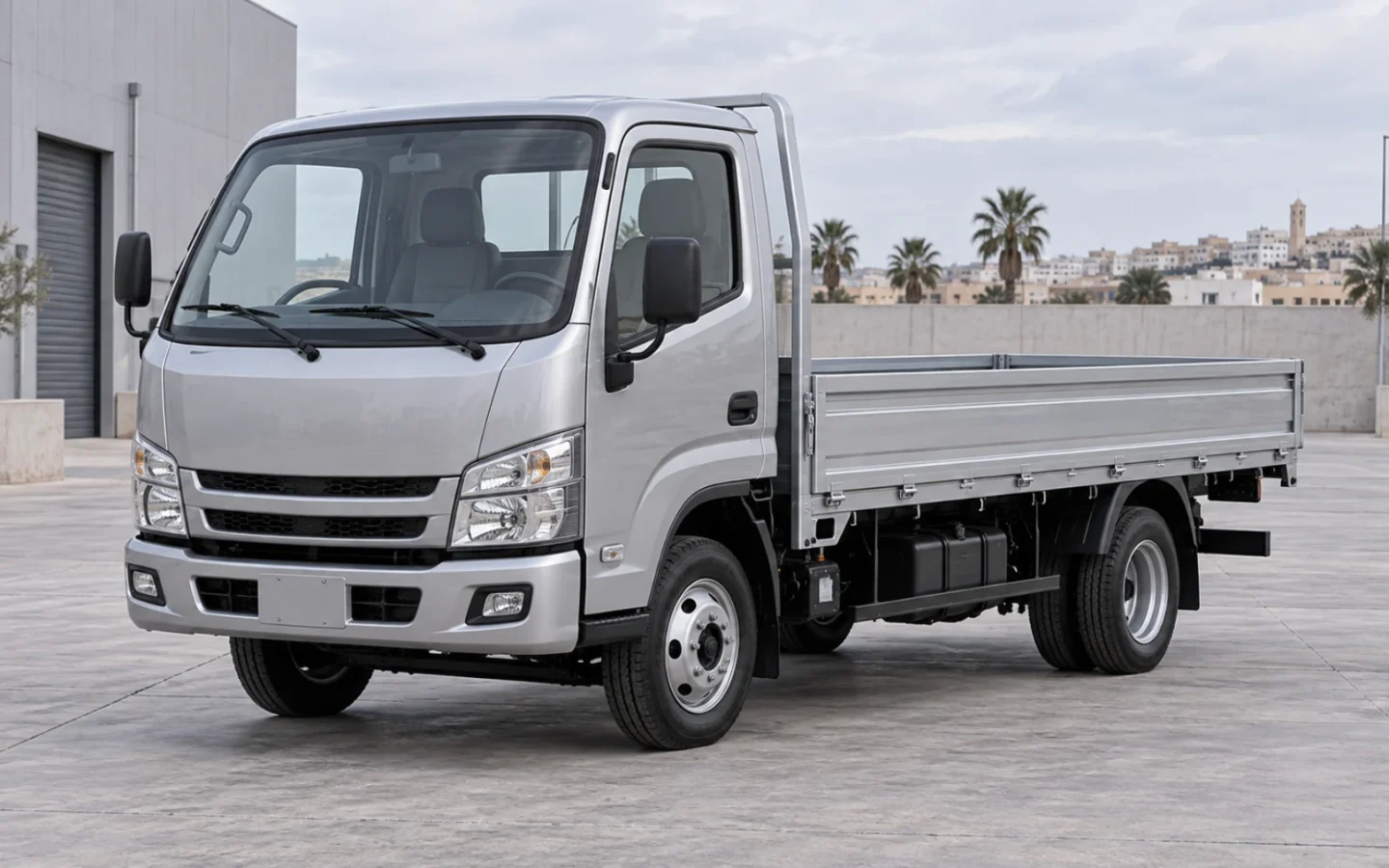 Illustration originale non contractuelle d’un petit camion plateau gris vu de trois quarts avant