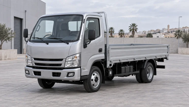 Illustration originale non contractuelle d’un petit camion plateau gris vu de trois quarts avant